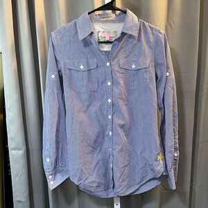 Lilly Pulitzer Blue White Gingham Check Button Long Tab Sleeve Resort Fit